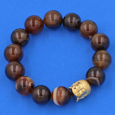 Vòng đeo tay Mã Não Nâu Sọc 14 ly cẩn hạt Phật A Di Đà inox vàng VMNNSNLV14 - hợp mệnh Kim, mệnh Thổ