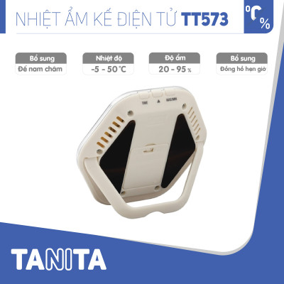 Nhiệt ẩm kế điện tử TANITA TT573 chính hãng nhật bản,thiết bị đo độ ẩm nhiệt độ chính xác,màn hình rõ ràng,hiển thị ngày giờ chuông báo thức,có lỗ treo,chân để bàn phù hợp trong phòng lạnh, bệnh viện, gia đình có trẻ sơ sinh