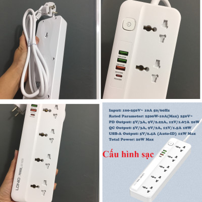Ổ cắm đa năng 2500W tích hợp sạc nhanh PD20W QC18W LDNIO SC5415 _ hàng chính hãng