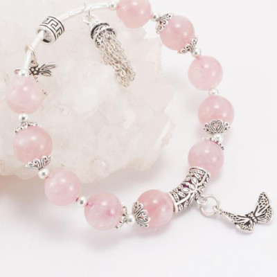 Vòng thạch anh hồng Aaa phối charm chuông bạc (8mm) Ngọc Quý Gemstones