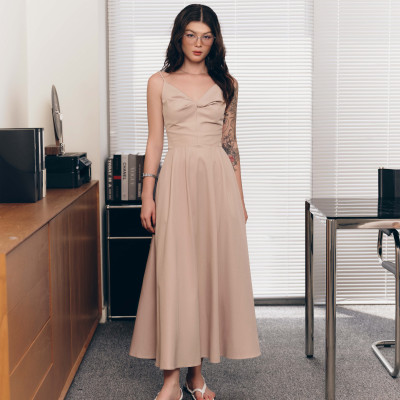 DOTTIE - Đầm midi xoắn ngực - Beige - D0701