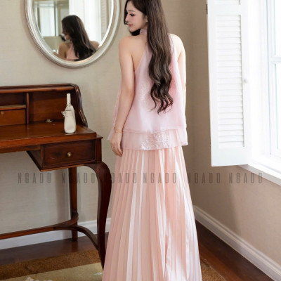 Chân váy dập ly hồng NGADO , chân váy xòe dáng dài