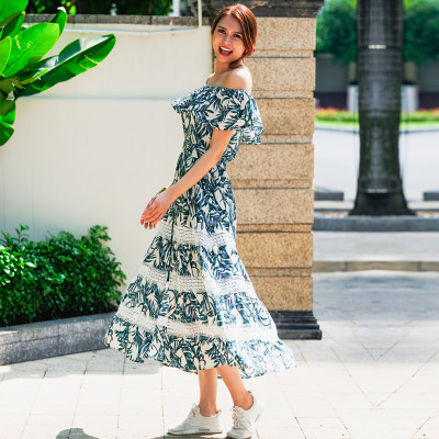 Đầm Maxi Hoa Đầm Dài Trễ Vai Thời trang thiết kế Hity DRE125 (In Lá Xanh)