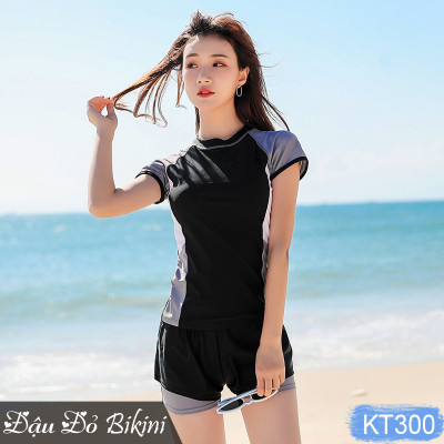 Đồ bơi nữ áo ngắn tay quần short đùi 2 lớp kín đáo, thiết kế trẻ trung, dấu bụng tốt, chất thun bơi Hàn cao cấp | KT300