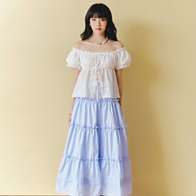 DOTTIE - Chân váy Midi nhún tầng - Xanh biển - S0285