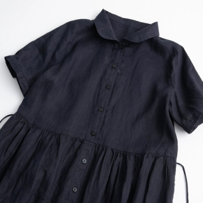 Đầm nữ suông dáng xòe cổ sen phối cúc kín đáo có kèm dây thắt eo chất liệu Linen cao cấp, thanh lịch 