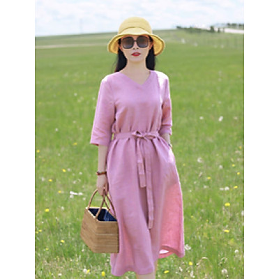 Đầm linen nữ dáng suông thắt eo cổ tim, tay lỡ, chất linen mềm màu hồng nữ tính mẫu hè mới Haint Boutique