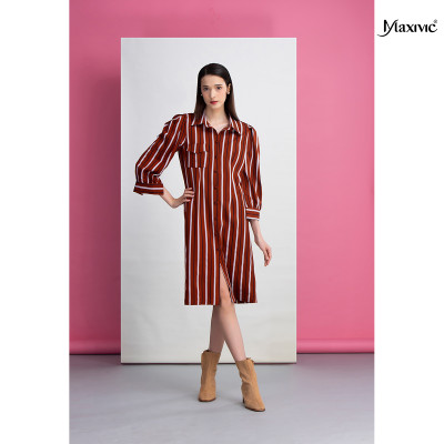 Đầm sơmi sọc nâu Maxivic M022334 