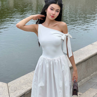 DOTTIE - Đầm midi lệch vai phối vải poplin - D0679