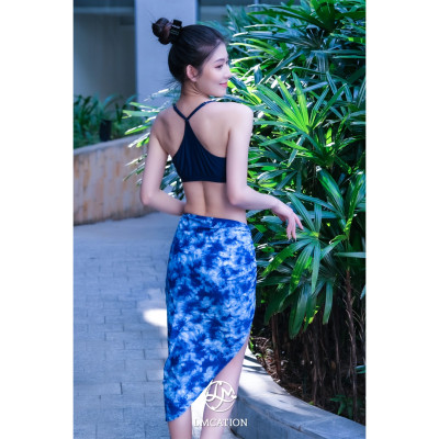 Bộ đồ bơi nữ LMcation - Áo bikini thể thao  Krista (kèm Quần bơi đùi) - Xanh đen & Váy đi biển Mira - Xanh dương