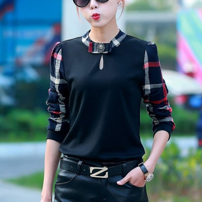 Áo kiểu nữ , áo nữ cổ trụ phối màu hoạ tiết kẻ caro ale44
