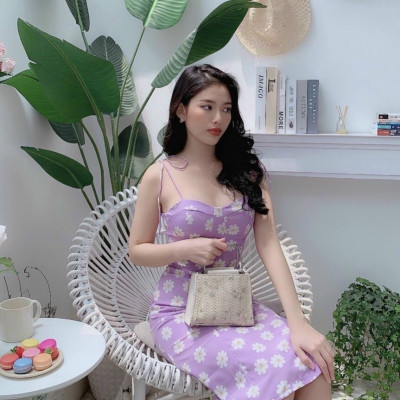 Đầm cúc họa mi 2 dây màu tím sang trọng trẻ trung
