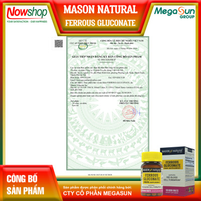 Ferrous Gluconate Mason Natural Hộp 100 viên bổ sung sắt hữu cơ dễ hấp thu không gây nóng táo bón