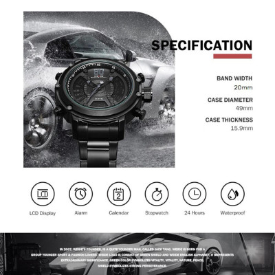 Đồng hồ nam kỹ thuật số 3ATM Đèn nền LCD chống nước Phát sáng Thể thao thời gian kép WEIDE WH6905