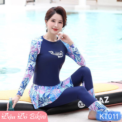 Bộ đồ bơi trung tuổi kín chống nắng, áo bơi dài tay cho mẹ và bà, quần dài mix cùng chân váy rời tránh lộ bụng, chất đẹp | KT011
