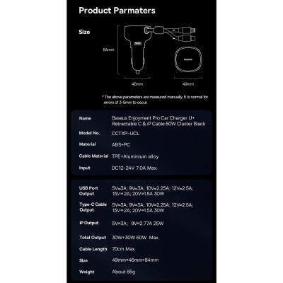 Tẩu sạc dùng trên ô tô tích hợp cáp Type C và iP Cable 60W Baseus Enjoyment Pro Car Charger - Hàng chính hãng