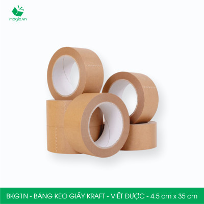 BKG1N - 4.5cm x 35m - 6 cuộn băng keo giấy Kraft da bò mặt nhám viết được - băng dính kraft đóng hàng