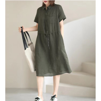 Đầm sơ mi nữ form suông ngắn tay, Đầm đũi nữ cổ sơ mi kèm dây thắt eo màu rêu Da75