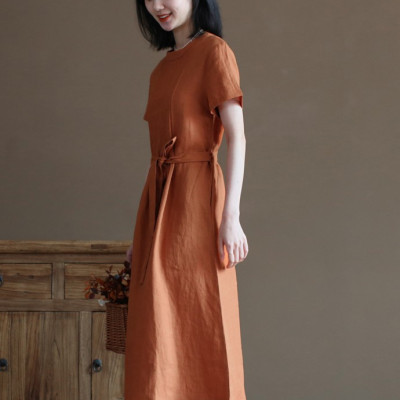 Đầm linen suông thiết kế , Đầm váy nữ dáng dài cổ tròn, ngắn tay eo có dây thắt Haint Boutique Da191