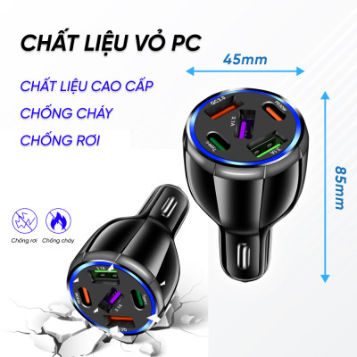 Tẩu Sạc Điện Thoại 5 Cổng USB Type C Trên Xe Ô Tô | Tẩu Sạc Điện Thoại 5 Cổng Sạc USB Type C Công Nghệ Sạc Nhanh Quick Charge 3.0, Chất Liệu Cao Cấp Chống Rơi Vỡ
