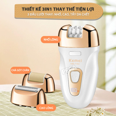 Máy tẩy lông đa năng 3in1 Kemei KM-7102 gồm 3 đầu thay thế chuyên dụng nhổ lông, cạo lông, chà gót chân sử dụng toàn thân - Chính hãng