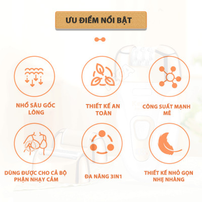 Máy tẩy lông đa năng 3in1 Kemei KM-7102 gồm 3 đầu thay thế chuyên dụng nhổ lông, cạo lông, chà gót chân sử dụng toàn thân - Chính hãng