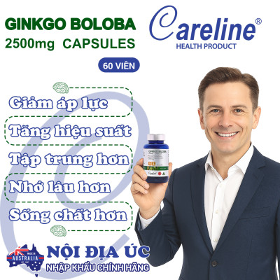 Ginkgo Biloba 2500mg Careline hộp 60 viên tăng tuần hoàn não giảm đau đầu chóng mặt tiền đình