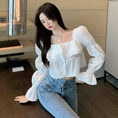 Áo nữ cổ vuông bèo nhún màu trắng thời trang Hàn Quốc