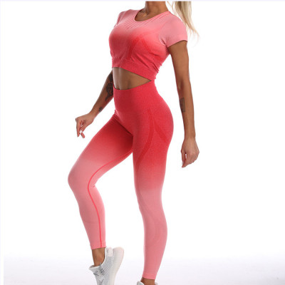 Bộ Quần Áo Thể Thao Nữ Gồm Quần Dài Và áo Ngắn Tay Croptop Vải Dệt Kim Quảng Châu ( Áo đã sẵn mút nâng ngực )