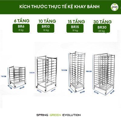 Kệ Inox Khay Bánh, Xe Hong Bánh SGE Chất Liệu Inox Dày Dặn, Có Khoá Bánh. Có 4 Size 6,10,15,30 Tầng