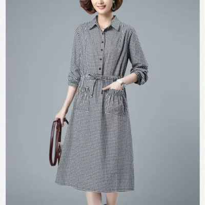  Váy sơ mi kẻ sọc caro dài tay có túi, dây eo tự chỉnh thời trang nữ phong cách công sở Haint Boutique Da186