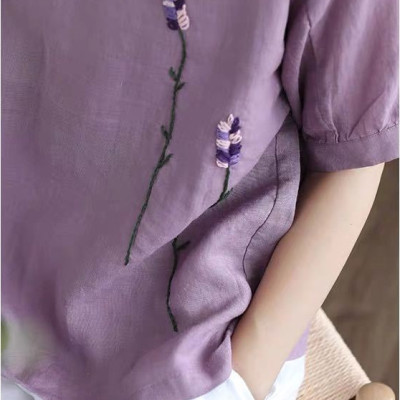 Áo kiểu nữ đũi form rộng thêu hoa trẻ trung, chất đũi mềm mát Haint Boutique