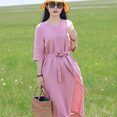 Đầm linen nữ dáng suông thắt eo cổ tim, tay lỡ, chất linen mềm màu hồng nữ tính mẫu hè mới Haint Boutique