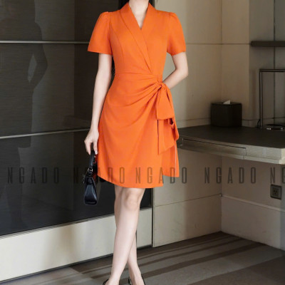 Đầm cam vạt xếp NGADO , đầm ngắn , đầm thiết kế Nữ
