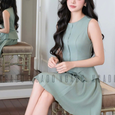 Set áo váy xanh mint xếp ly NGADO , set áo váy ngắn , set áo váy nữ , set công sở