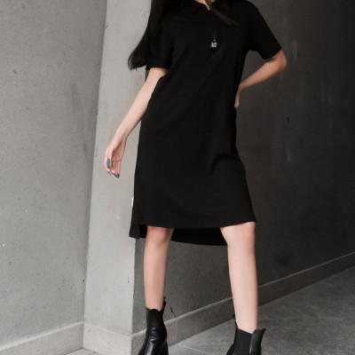 LAAS Đầm suông cổ polo DK đen form rộng thoải mái năng động