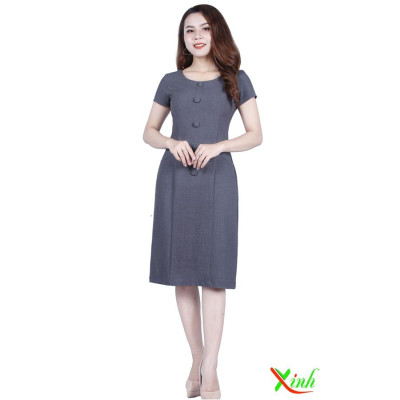 Đầm Suông Xám Tiêu Phối Nút Sang Trọng DL508