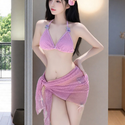 Bikini Tam Giác Kèm Khăn Lưới Quyến Rũ
