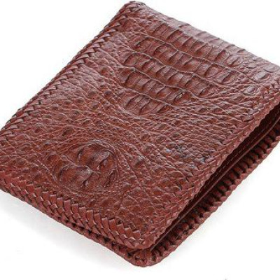 Ví nam Huy Hoàng da cá sấu nguyên con đan viền màu nâu đỏ HT2766