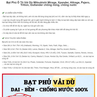 Bạt Phủ Ô Tô Vải Dù Mitsubishi Mirage, Xpander, Attrage, Pajero, Trition, Outlander chống nóng, chống nước