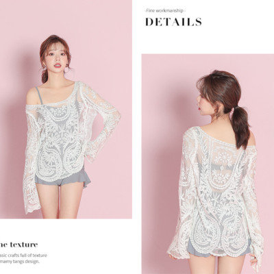 Áo ren lưới đi biển mặc khoác ngoài bikini dài tay dáng chui đầu sexy quyến rũ