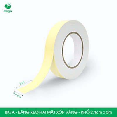 BK7A - 5 cuộn băng keo xốp 2 mặt siêu dính - Khổ 2.4cm x 5m - Băng dính xốp vàng, băng keo hai mặt