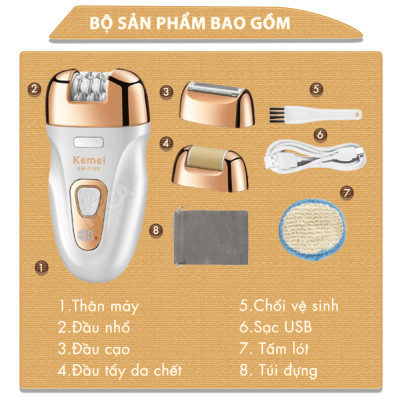 Máy tẩy lông đa năng 3in1 Kemei KM-7102 gồm 3 đầu thay thế chuyên dụng nhổ lông, cạo lông, chà gót chân sử dụng toàn thân - Chính hãng