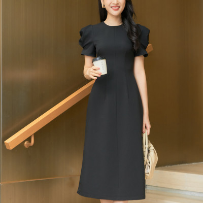 Đầm xòe cổ tròn , hông phồng, tay bồng ngắn, xếp ly tay trước AURA thiết kế cao cấp WHITE CHIC