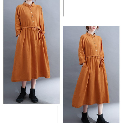 Đầm linen suông nữ  cổ sơ mi dài tay, tặng kèm dây thắt eo, thời trang nữ thu đông NH185