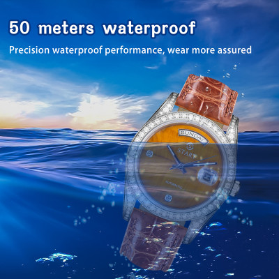 【START】Đồng hồ nam đá mắt hổ tự nhiên（Tiger Eye Stone）đồng hồ kim cương chức năng hiển thị thứ ngày  đồng hồ cơ tự động dây da cá sấu Khóa bướm