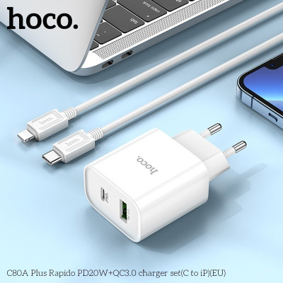 Bộ Sạc Nhanh Dành Cho Hoco. C80A Plus PD20W + QC3.0 Type-C To IP Dây Dài 1m Hàng Chính Hãng
