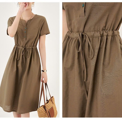 Đầm cao cấp Đũi Việt thiết kệ cổ V và dây rút sang trọng, trẻ trung da218