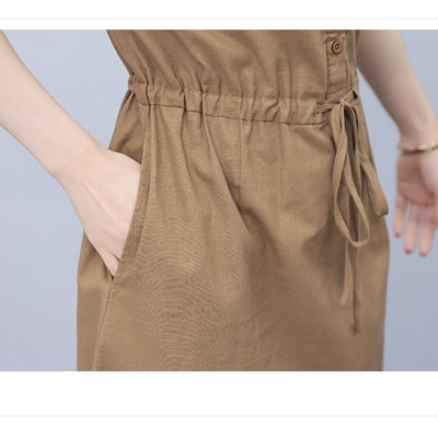 Đầm sơ mi nữ ngắn tay công sở, Váy suông Linen nữ kèm dây rút eo, chất linen mát Haint Boutique