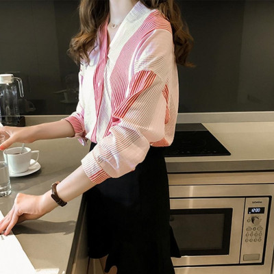 Áo kiểu nữ, áo đũi nữ tay lỡ cổ V phối màu nhẹ nhàng Ale12